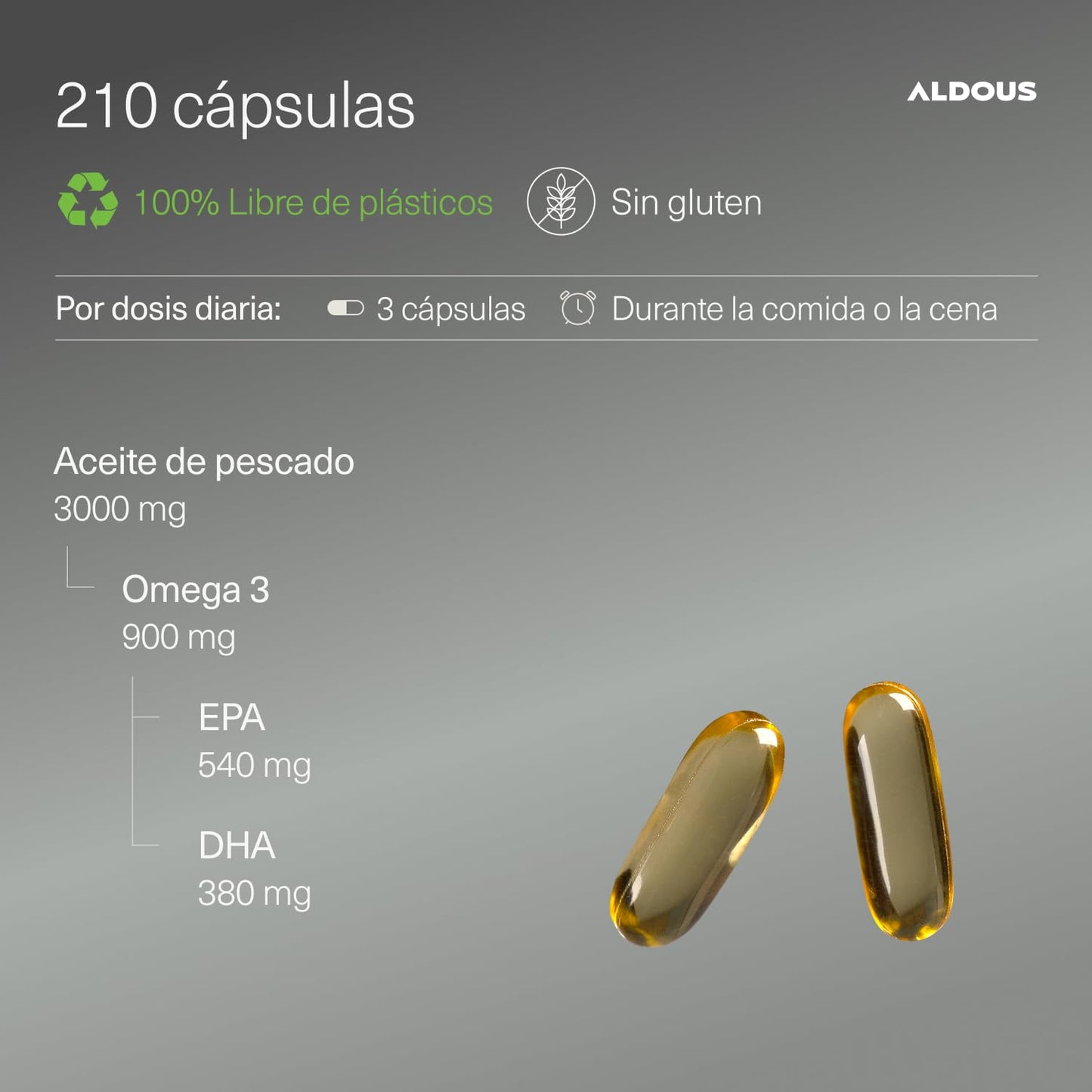 Omega 3 capsulas - 3000mg dosis diaria - 210 cápsulas - Omega 3 EPA y DHA - Aceite de Pescado - Vitamina E, Ácidos grasos - Colesterol, Visión, Cerebro - Más de 2 meses - ALDOUS