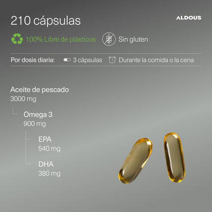 Omega 3 capsulas - 3000mg dosis diaria - 210 cápsulas - Omega 3 EPA y DHA - Aceite de Pescado - Vitamina E, Ácidos grasos - Colesterol, Visión, Cerebro - Más de 2 meses - ALDOUS