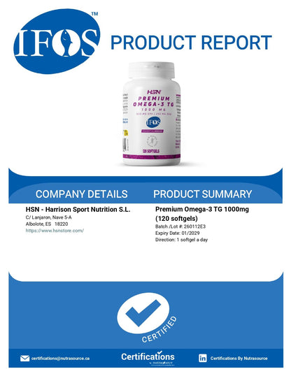 HSN Premium Omega 3 IFOS 5 Estrellas 120 Perlas | 1000mg Aceite de Pescado en Triglicéridos | 750mg Omega-3 (500mg EPA + 250mg DHA) Alta Concentración | No-GMO Sin Gluten