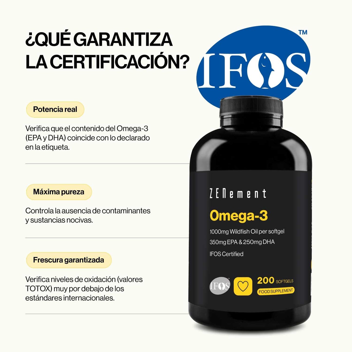 Omega 3 IFOS - 2000 mg (EPA 700 mg + DHA 500 mg) por dosis diaria (2 cápsulas blandas) - Mantiene niveles normales de triglicéridos - Con Vitamina E Natural con acción antioxidante - Zenement