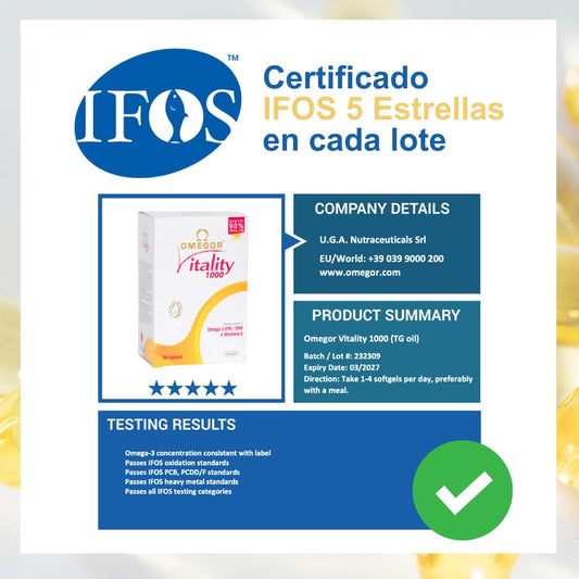 Omega 3 EPA y DHA IFOS Certificado 90 Cápsulas - OMEGOR Vitality 1000 Omega-3 Aceite de Pescado Libre de Metales Pesados y Fácil de Digerir