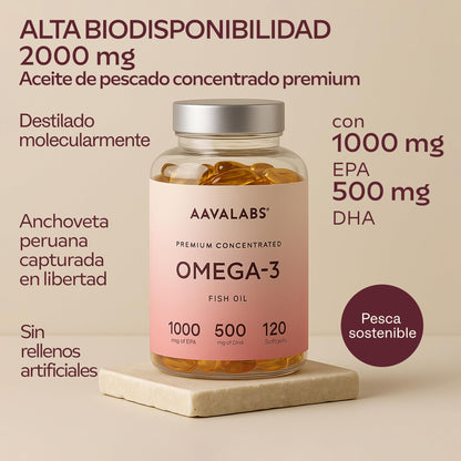 Aavalabs Omega 3 2000mg por dosis diaria (2 cápsulas) - 1000mg de EPA + 500mg de DHA por dosis diaria - Ácidos Grasos de Alta Potencia - Destilado Molecularmente - 120 Cápsulas - 60 días de suministro