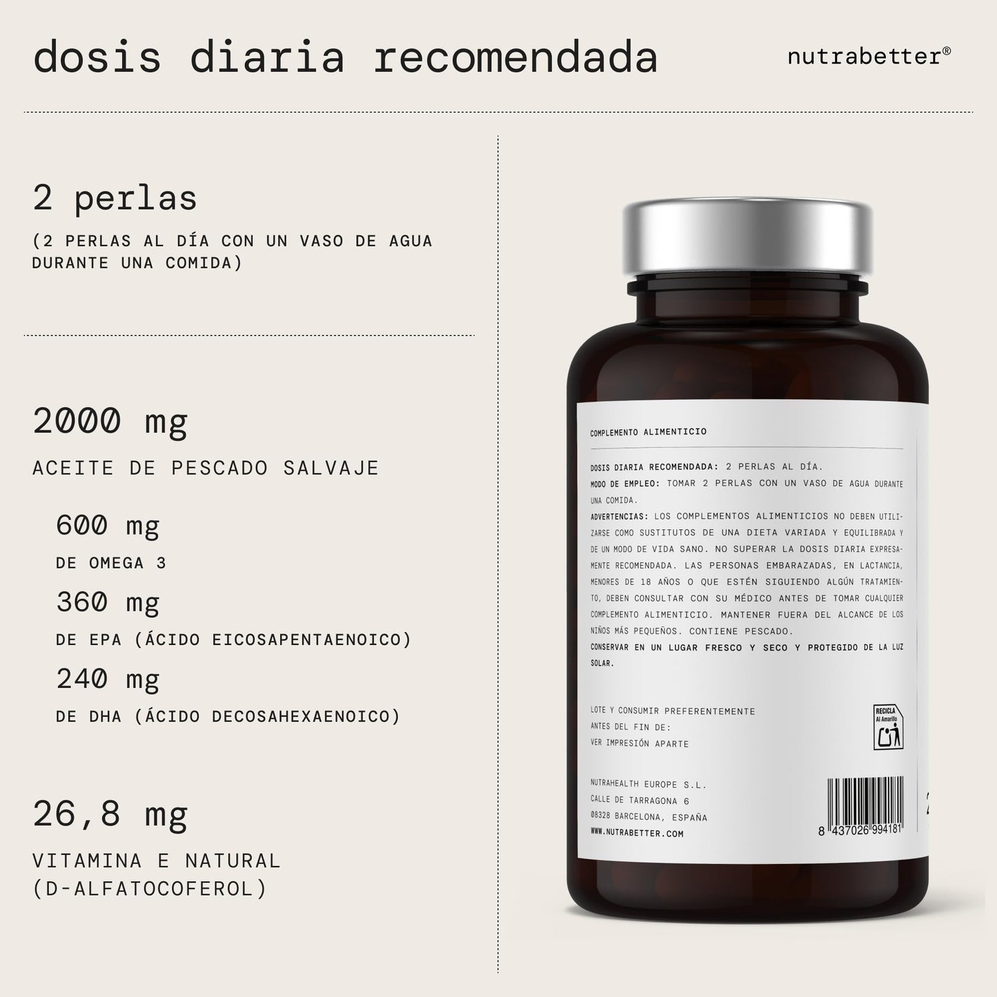 Omega 3 capsulas 2000mg | 200 Perlas | 600mg de Omega-3 puro + Vitamina E | Calidad Testada | Ácidos Grasos Omega 3 para Salud del Corazón, Cerebral y de la Presión Sanguínea | nutrabetter®
