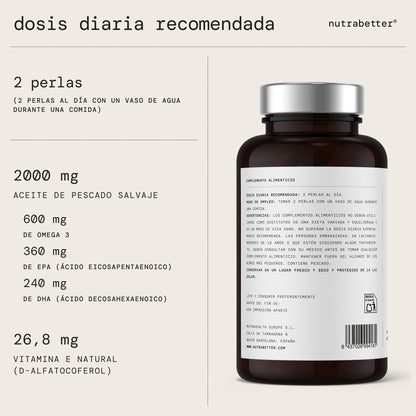 Omega 3 capsulas 2000mg | 200 Perlas | 600mg de Omega-3 puro + Vitamina E | Calidad Testada | Ácidos Grasos Omega 3 para Salud del Corazón, Cerebral y de la Presión Sanguínea | nutrabetter®