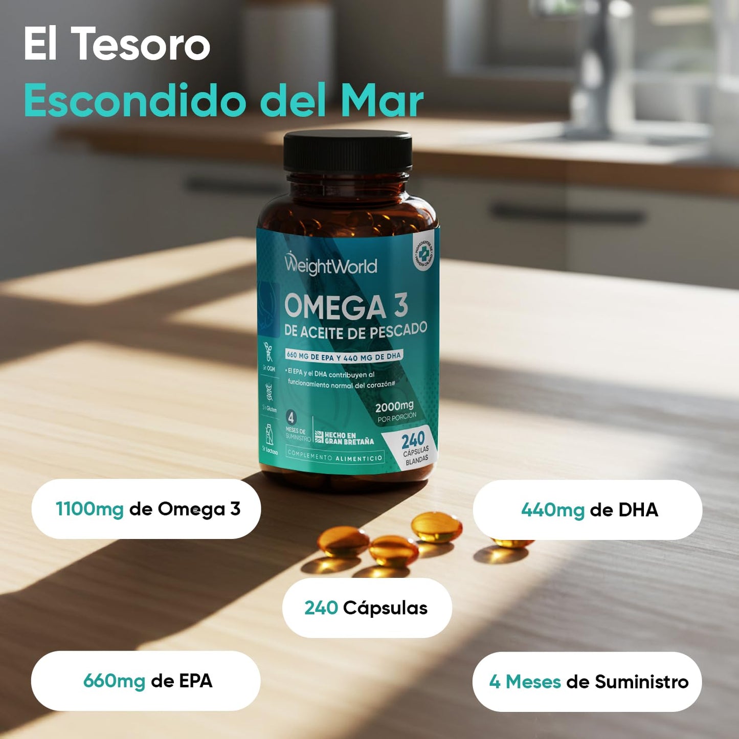Omega 3 2000mg - 240 Perlas de Aceite de Pescado (660mg EPA + 440mg DHA) - Ácidos Grasos de Omega 3 para 4 Meses, Sin OGM