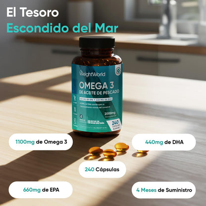 Omega 3 2000mg - 240 Perlas de Aceite de Pescado (660mg EPA + 440mg DHA) - Ácidos Grasos de Omega 3 para 4 Meses, Sin OGM