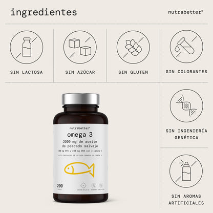 Omega 3 capsulas 2000mg | 200 Perlas | 600mg de Omega-3 puro + Vitamina E | Calidad Testada | Ácidos Grasos Omega 3 para Salud del Corazón, Cerebral y de la Presión Sanguínea | nutrabetter®