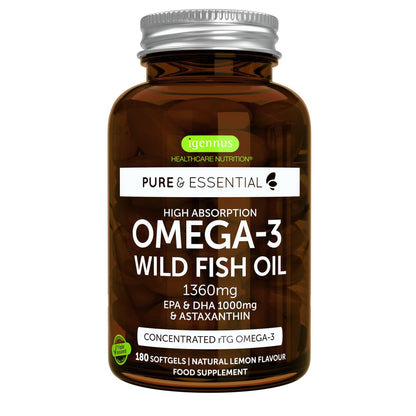 Omega 3 1000mg EPA y DHA, Triglicéridos rTG Alta Absorción con Astaxantina, 180 Cápsulas, IFOS Certificado 5 Estrellas, Aceite de Pescado Salvaje Ultrapuro, Sabor Limón, Superconcentrado, de Igennus