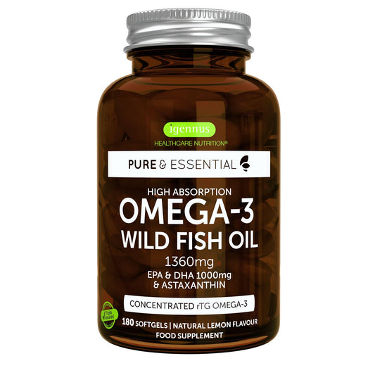 Omega 3 1000mg EPA y DHA, Triglicéridos rTG Alta Absorción con Astaxantina, 180 Cápsulas, IFOS Certificado 5 Estrellas, Aceite de Pescado Salvaje Ultrapuro, Sabor Limón, Superconcentrado, de Igennus