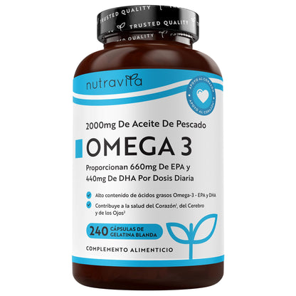 Nutravita Omega 3 2000mg, con 660mg EPA y 440mg DHA, 240 Cápsulas Blandas para 4 Meses - Corazòn, Función Cerebral y Visiòn (EFSA) Omega 3 Capsulas Suplementos para Hombres y Mujeres