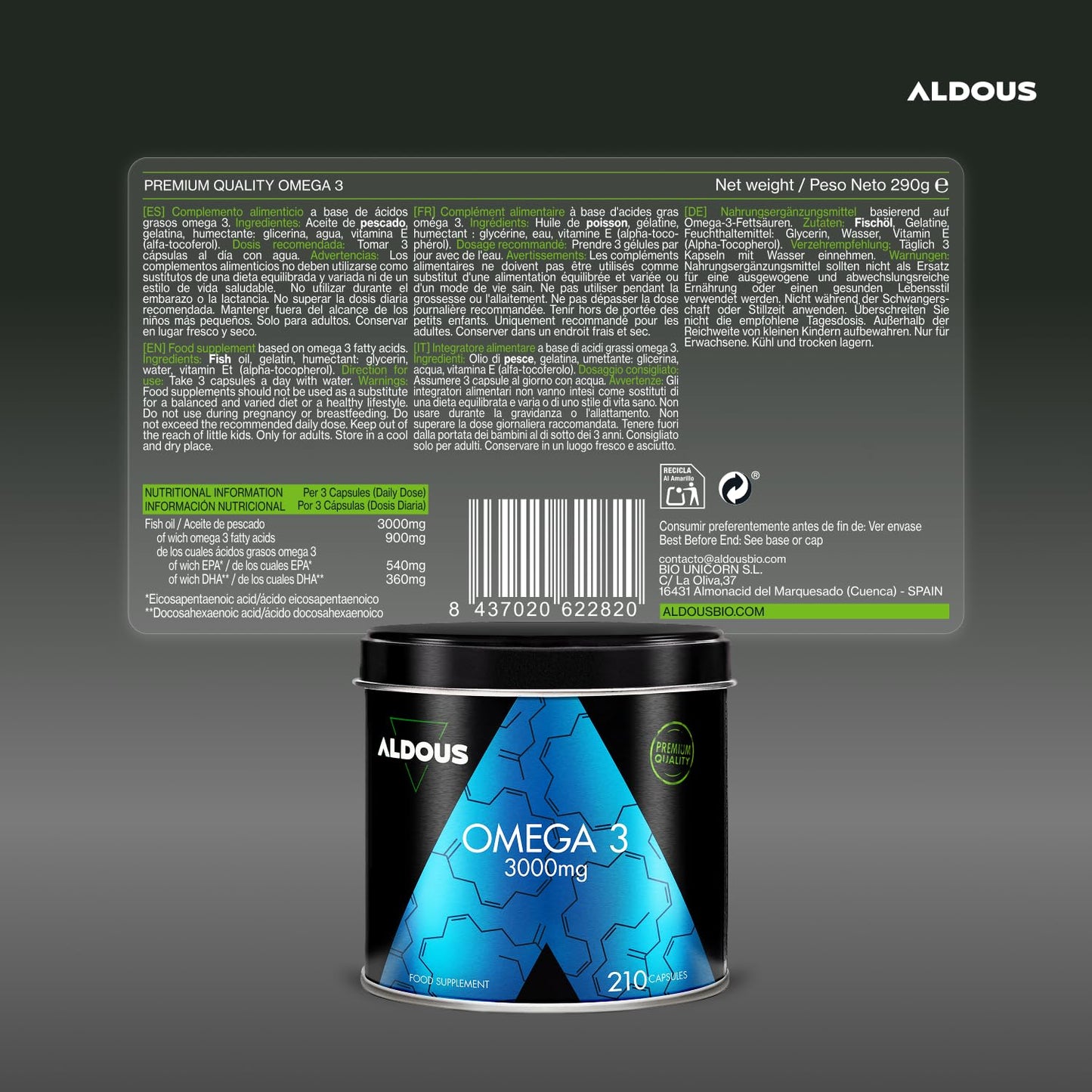 Omega 3 capsulas - 3000mg dosis diaria - 210 cápsulas - Omega 3 EPA y DHA - Aceite de Pescado - Vitamina E, Ácidos grasos - Colesterol, Visión, Cerebro - Más de 2 meses - ALDOUS