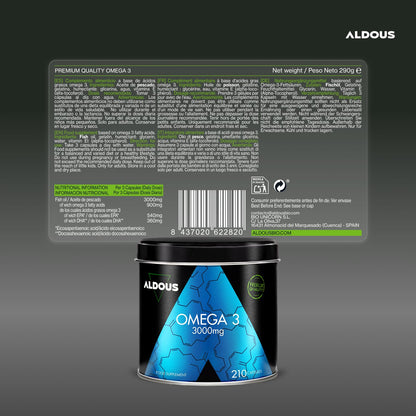 Omega 3 capsulas - 3000mg dosis diaria - 210 cápsulas - Omega 3 EPA y DHA - Aceite de Pescado - Vitamina E, Ácidos grasos - Colesterol, Visión, Cerebro - Más de 2 meses - ALDOUS