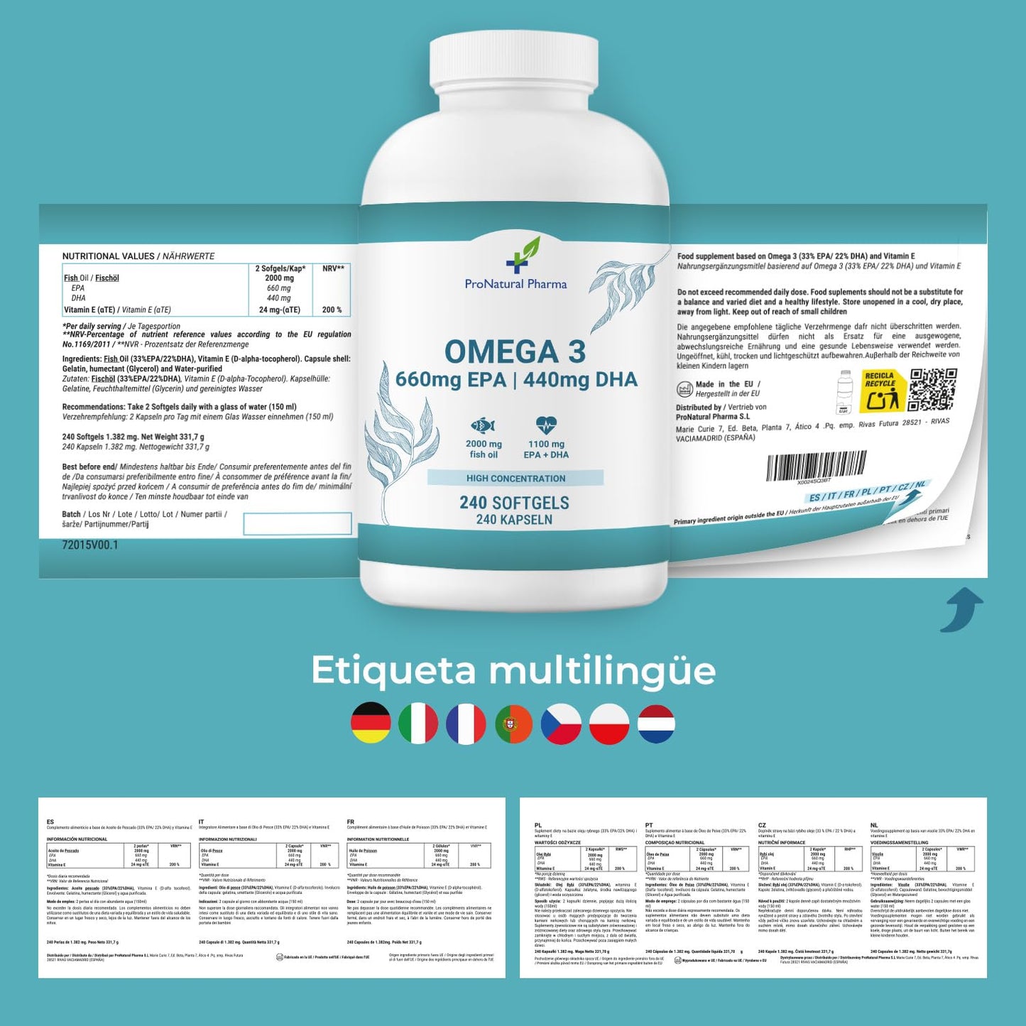 Omega 3 2000mg | 240 Cápsulas | Alta Concentración de 660mg EPA y 440 mg DHA | 4 Meses | ProNatural Pharma
