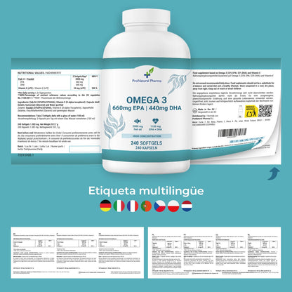 Omega 3 2000mg | 240 Cápsulas | Alta Concentración de 660mg EPA y 440 mg DHA | 4 Meses | ProNatural Pharma