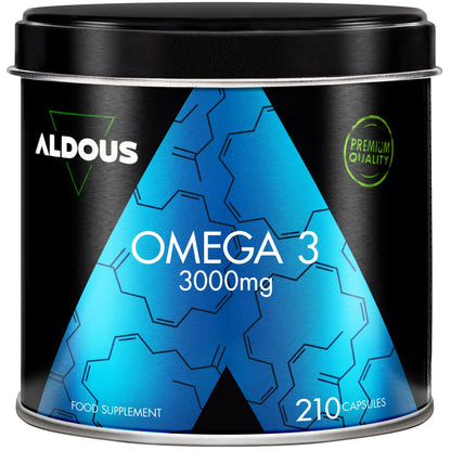 Omega 3 capsulas - 3000mg dosis diaria - 210 cápsulas - Omega 3 EPA y DHA - Aceite de Pescado - Vitamina E, Ácidos grasos - Colesterol, Visión, Cerebro - Más de 2 meses - ALDOUS