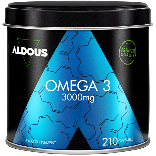 Omega 3 capsulas - 3000mg dosis diaria - 210 cápsulas - Omega 3 EPA y DHA - Aceite de Pescado - Vitamina E, Ácidos grasos - Colesterol, Visión, Cerebro - Más de 2 meses - ALDOUS