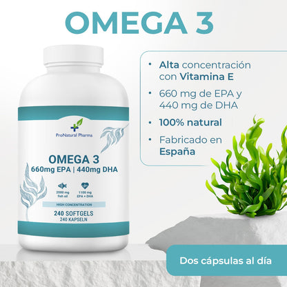 Omega 3 2000mg | 240 Cápsulas | Alta Concentración de 660mg EPA y 440 mg DHA | 4 Meses | ProNatural Pharma