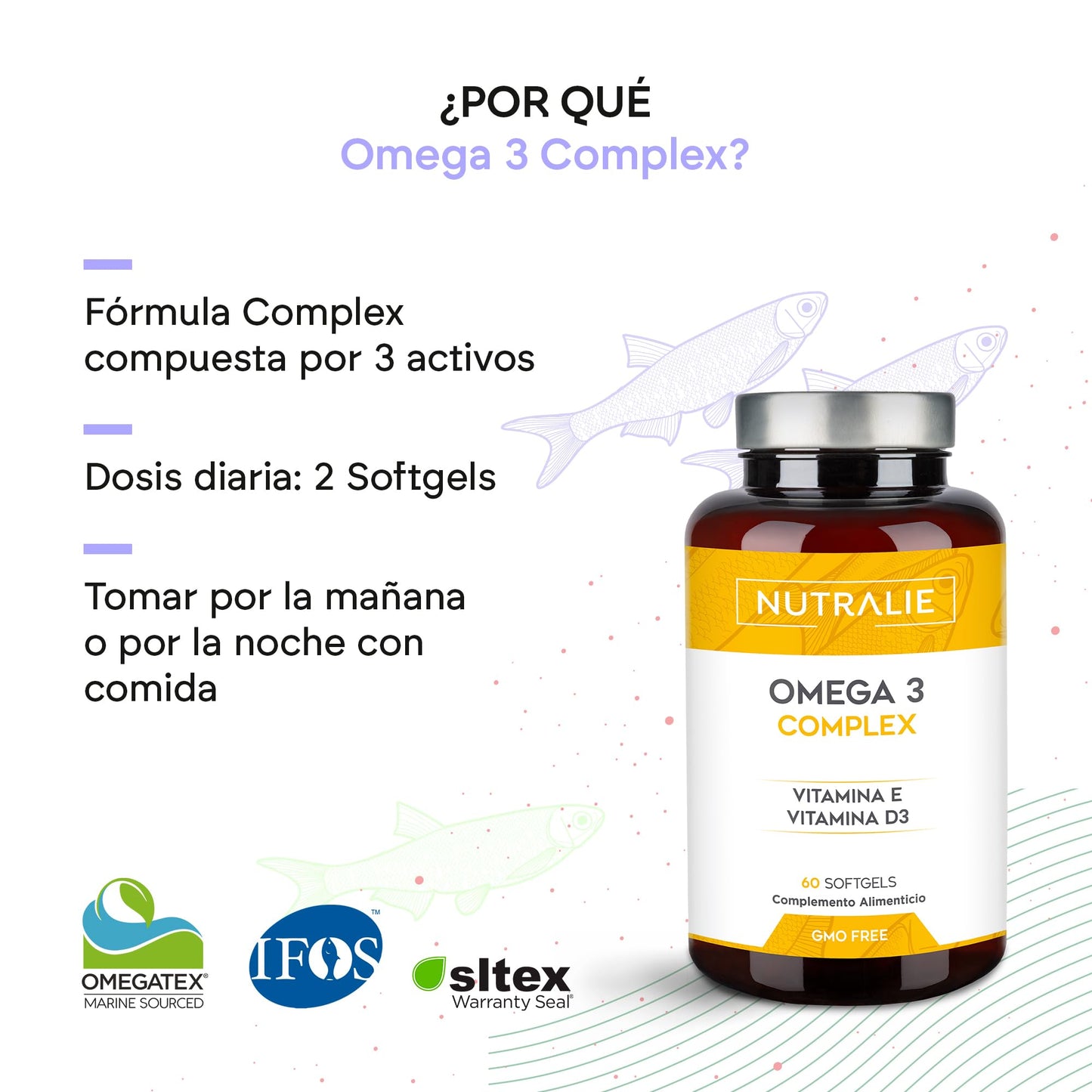 Omega 3 Cápsulas 2000mg - EPA y DHA 1257mg - Vit D y E - Aceite de Pescado - 60 Softgels Fish Oil Omega 3 Nutralie