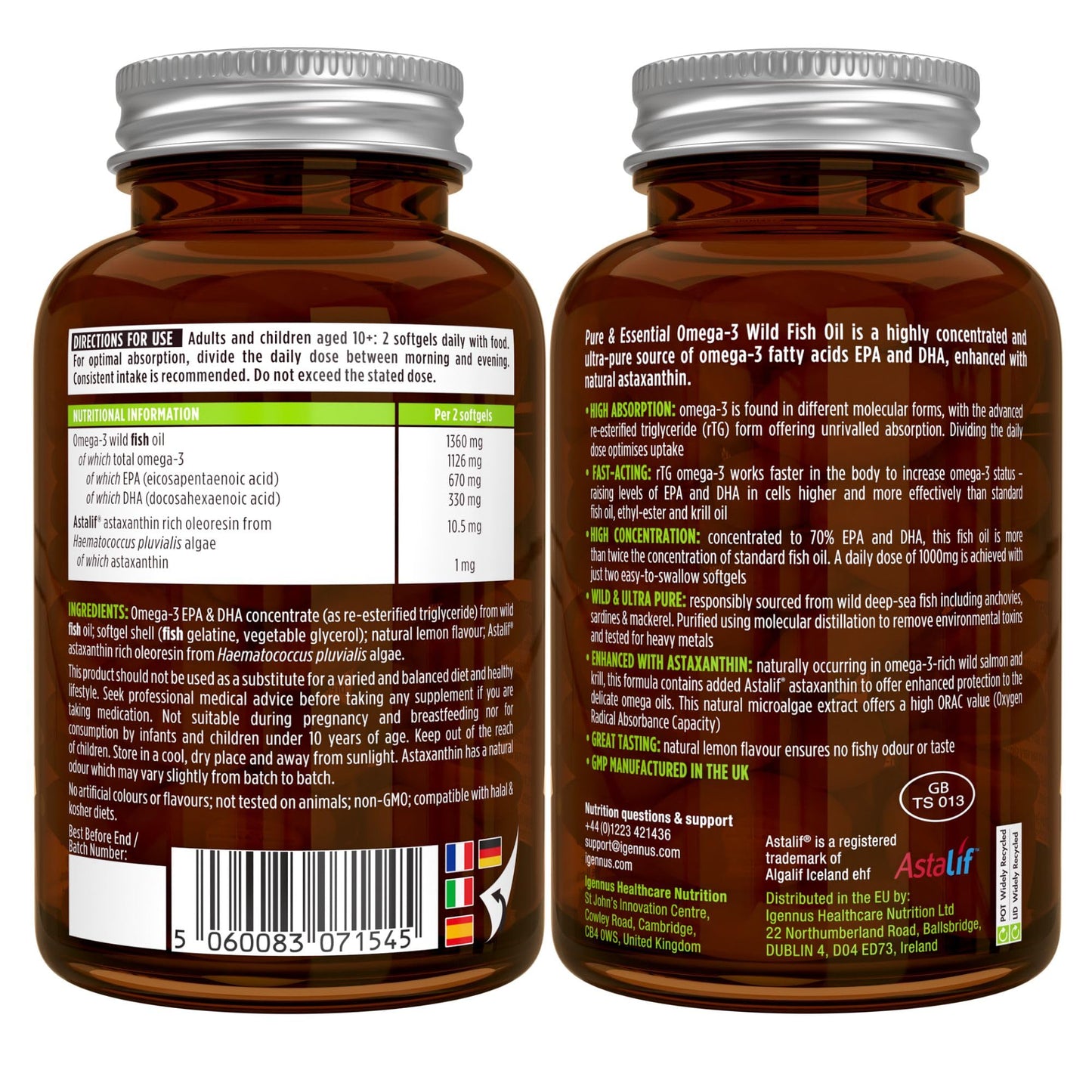 Omega 3 1000mg EPA y DHA, Triglicéridos rTG Alta Absorción con Astaxantina, 180 Cápsulas, IFOS Certificado 5 Estrellas, Aceite de Pescado Salvaje Ultrapuro, Sabor Limón, Superconcentrado, de Igennus