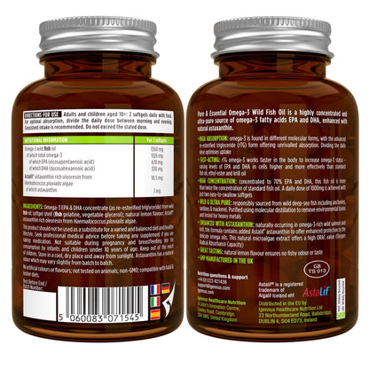 Omega 3 1000mg EPA y DHA, Triglicéridos rTG Alta Absorción con Astaxantina, 180 Cápsulas, IFOS Certificado 5 Estrellas, Aceite de Pescado Salvaje Ultrapuro, Sabor Limón, Superconcentrado, de Igennus