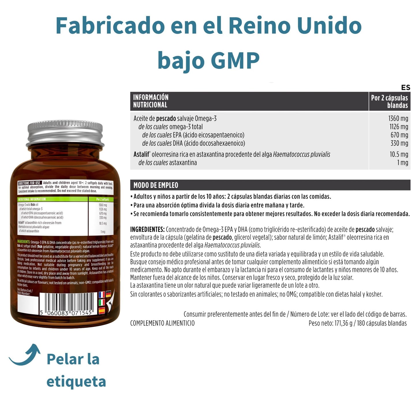 Omega 3 1000mg EPA y DHA, Triglicéridos rTG Alta Absorción con Astaxantina, 180 Cápsulas, IFOS Certificado 5 Estrellas, Aceite de Pescado Salvaje Ultrapuro, Sabor Limón, Superconcentrado, de Igennus