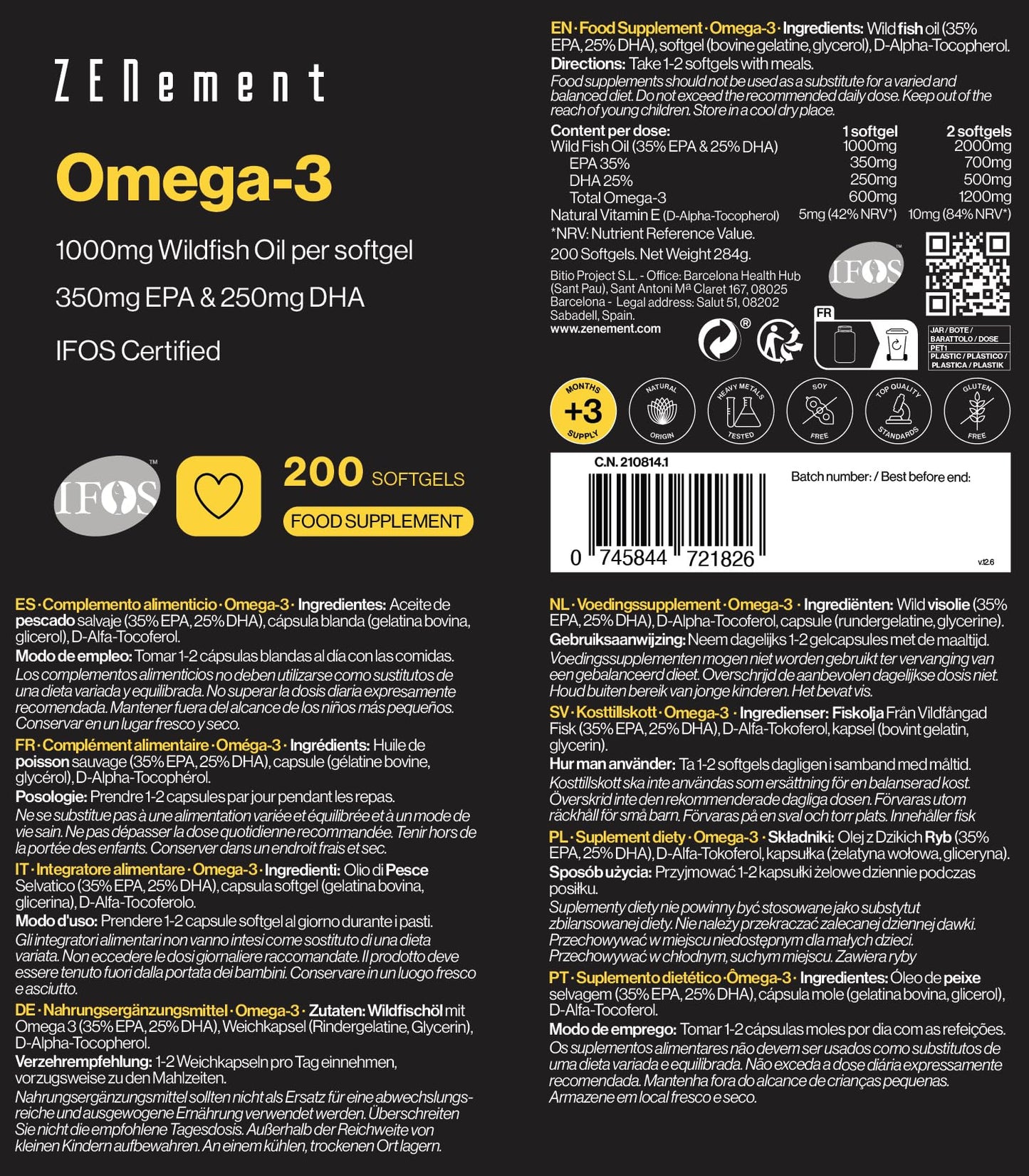 Omega 3 IFOS - 2000 mg (EPA 700 mg + DHA 500 mg) por dosis diaria (2 cápsulas blandas) - Mantiene niveles normales de triglicéridos - Con Vitamina E Natural con acción antioxidante - Zenement