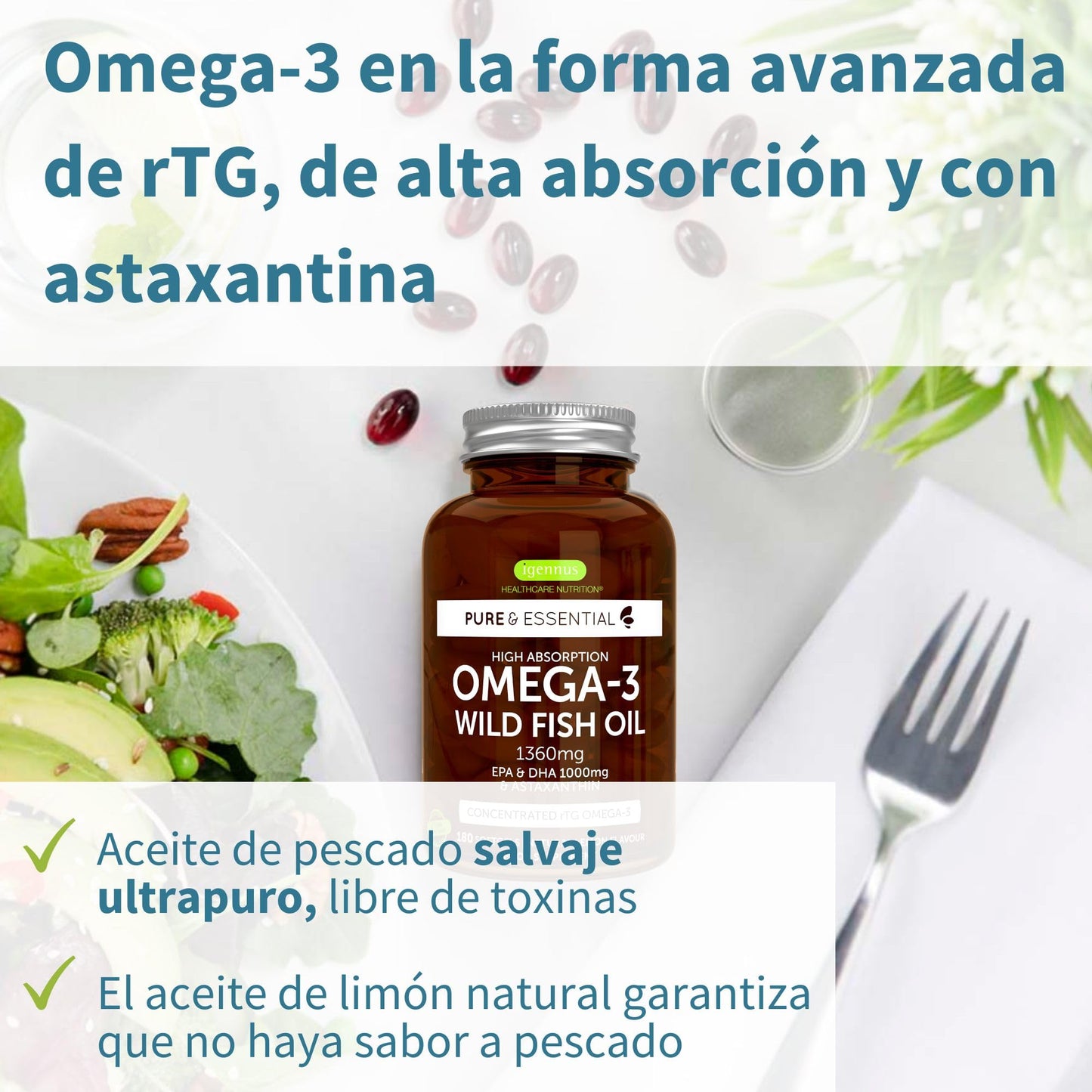 Omega 3 1000mg EPA y DHA, Triglicéridos rTG Alta Absorción con Astaxantina, 180 Cápsulas, IFOS Certificado 5 Estrellas, Aceite de Pescado Salvaje Ultrapuro, Sabor Limón, Superconcentrado, de Igennus