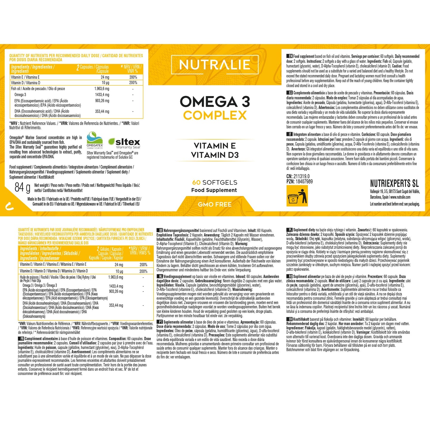 Omega 3 Cápsulas 2000mg - EPA y DHA 1257mg - Vit D y E - Aceite de Pescado - 60 Softgels Fish Oil Omega 3 Nutralie